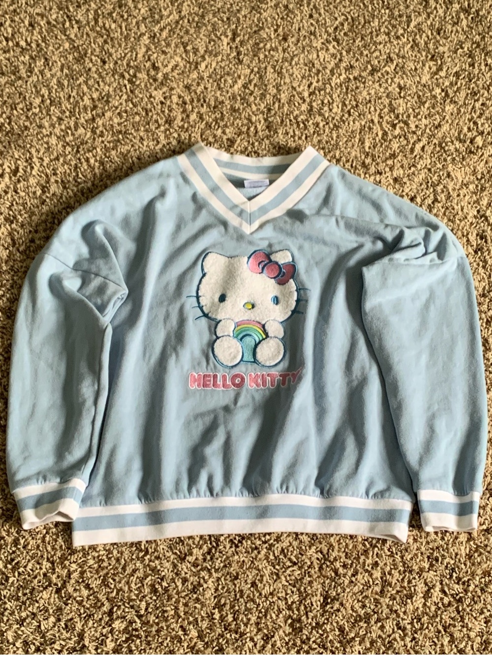 Hello Kitty Light Blue V-Neck Sweater with Rainbow Motif